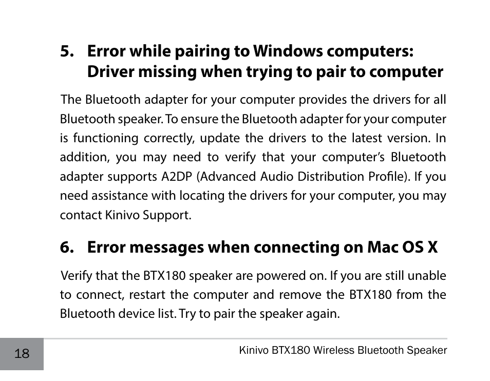 Error messages when connecting on mac os x, Error while pairing to windows computers: driver, Missing when trying to pair to computer | Kinivo BTX180 Wireless Bluetooth Speaker User Manual | Page 18 / 30