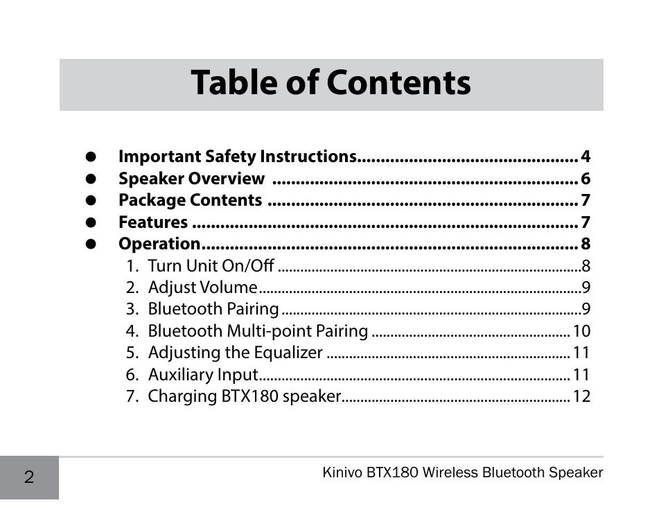 Kinivo BTX180 Wireless Bluetooth Speaker User Manual | Page 2 / 30