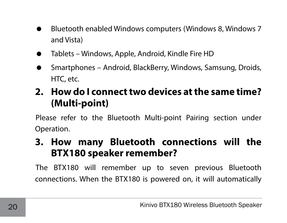 Kinivo BTX180 Wireless Bluetooth Speaker User Manual | Page 20 / 30