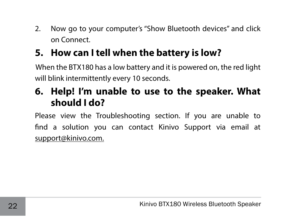 How can i tell when the battery is low | Kinivo BTX180 Wireless Bluetooth Speaker User Manual | Page 22 / 30