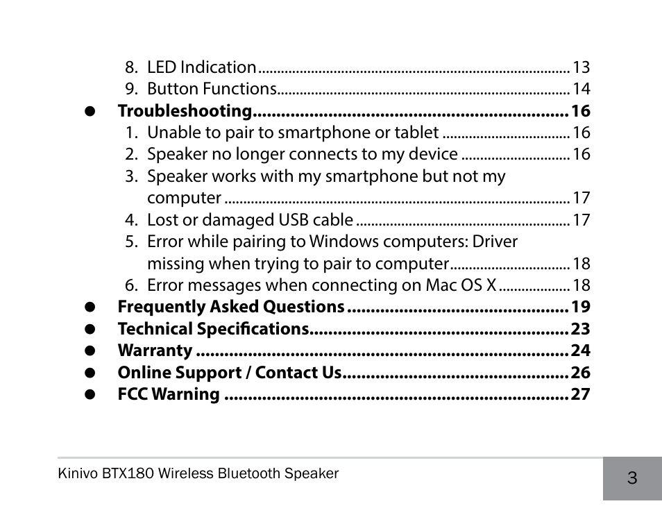 Kinivo BTX180 Wireless Bluetooth Speaker User Manual | Page 3 / 30