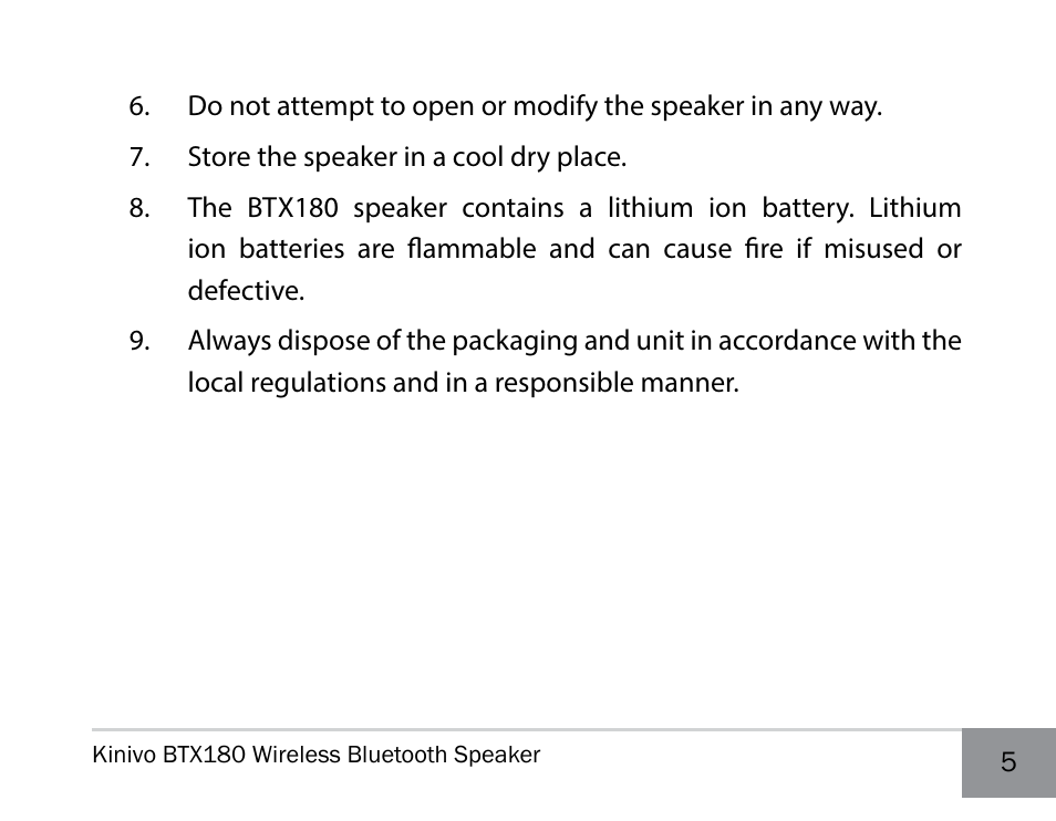 Kinivo BTX180 Wireless Bluetooth Speaker User Manual | Page 5 / 30