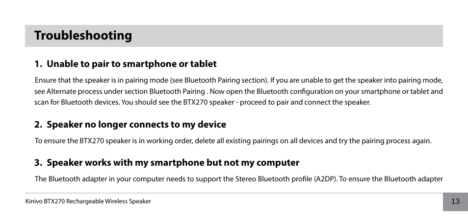 Troubleshooting | Kinivo BTX270 Wireless Bluetooth Speaker User Manual | Page 13 / 20