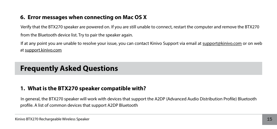 Frequently asked questions | Kinivo BTX270 Wireless Bluetooth Speaker User Manual | Page 15 / 20