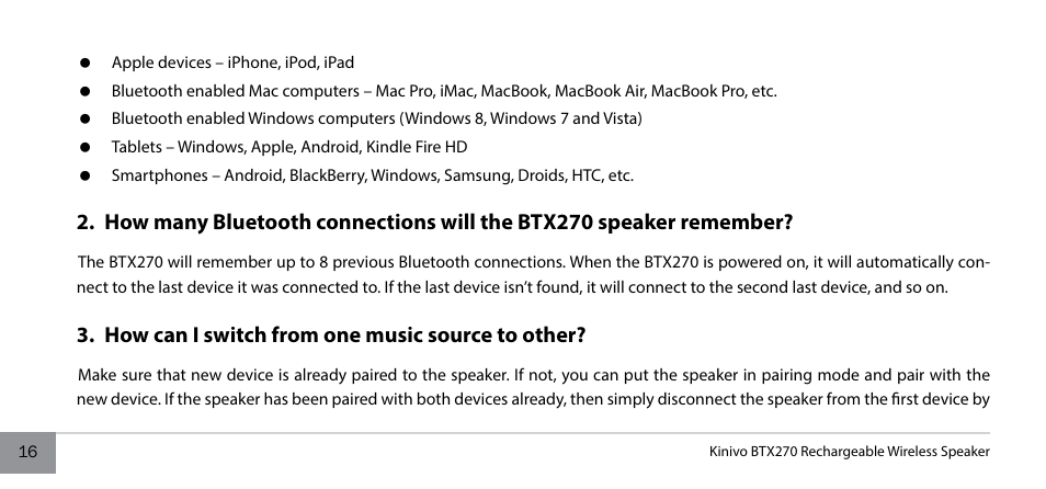 How can i switch from one music source to other | Kinivo BTX270 Wireless Bluetooth Speaker User Manual | Page 16 / 20