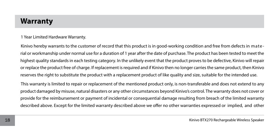 Warranty | Kinivo BTX270 Wireless Bluetooth Speaker User Manual | Page 18 / 20