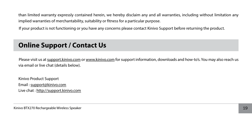 Online support / contact us | Kinivo BTX270 Wireless Bluetooth Speaker User Manual | Page 19 / 20