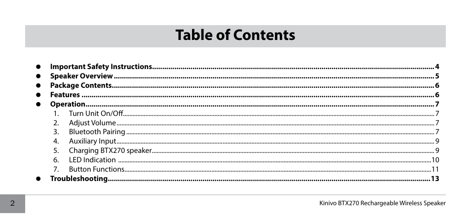 Kinivo BTX270 Wireless Bluetooth Speaker User Manual | Page 2 / 20