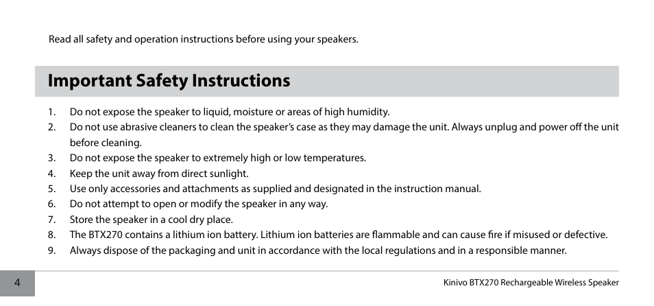 Important safety instructions | Kinivo BTX270 Wireless Bluetooth Speaker User Manual | Page 4 / 20