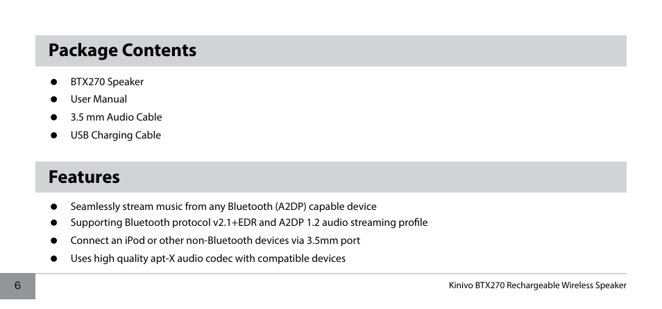 Package contents, Features | Kinivo BTX270 Wireless Bluetooth Speaker User Manual | Page 6 / 20