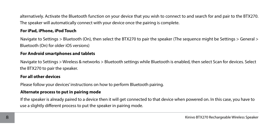 Kinivo BTX270 Wireless Bluetooth Speaker User Manual | Page 8 / 20