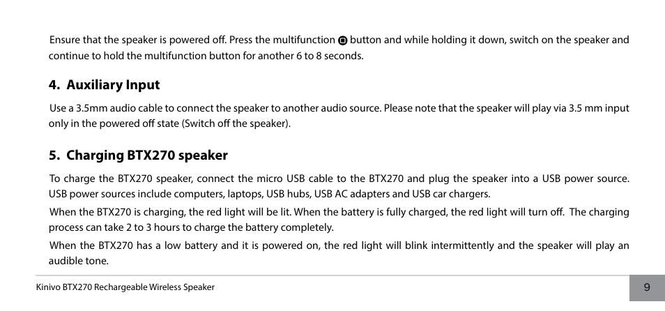 Auxiliary input, Charging btx270 speaker | Kinivo BTX270 Wireless Bluetooth Speaker User Manual | Page 9 / 20