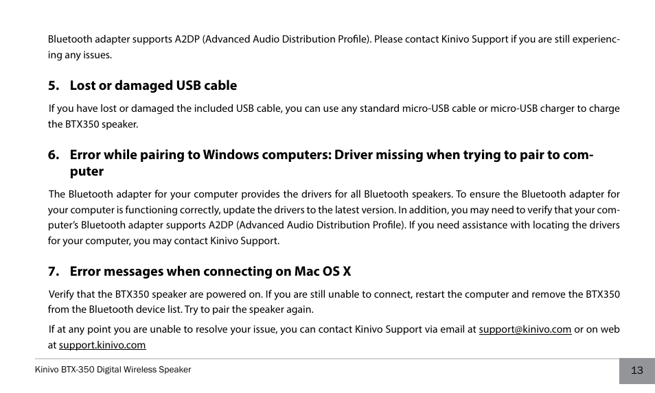 Lost or damaged usb cable, Error messages when connecting on mac os x | Kinivo BTX350 Wireless Bluetooth Speaker User Manual | Page 13 / 18