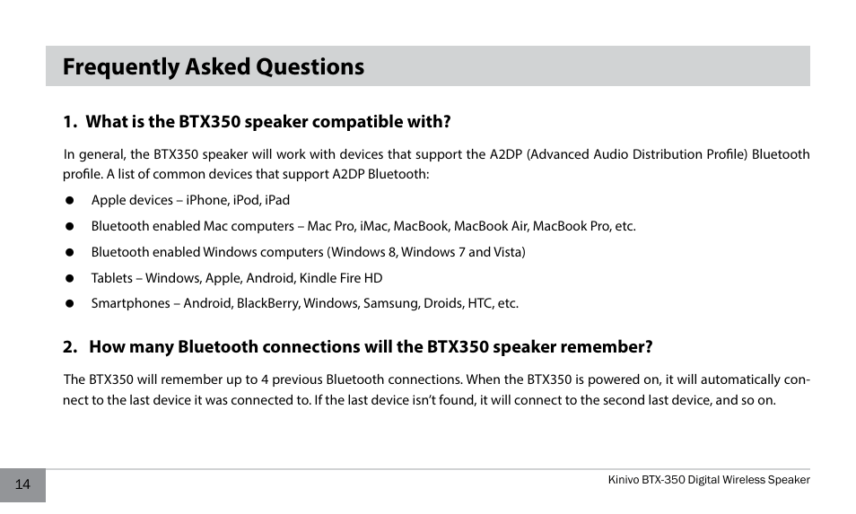 Frequently asked questions | Kinivo BTX350 Wireless Bluetooth Speaker User Manual | Page 14 / 18