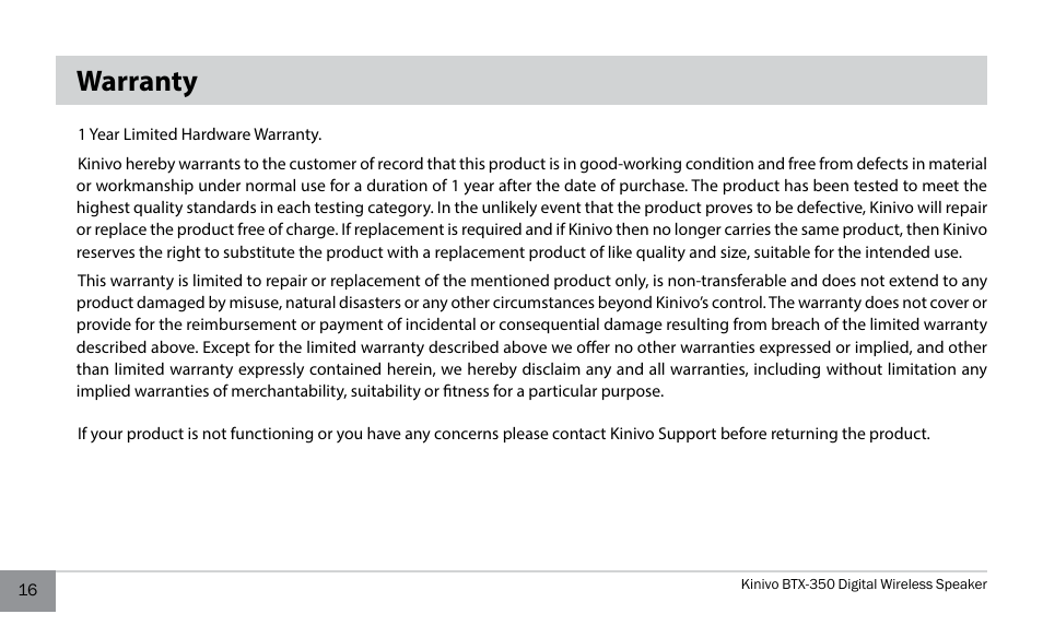 Warranty | Kinivo BTX350 Wireless Bluetooth Speaker User Manual | Page 16 / 18