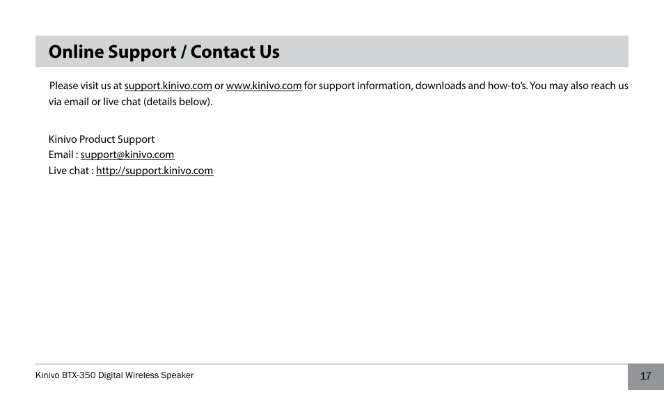 Online support / contact us | Kinivo BTX350 Wireless Bluetooth Speaker User Manual | Page 17 / 18