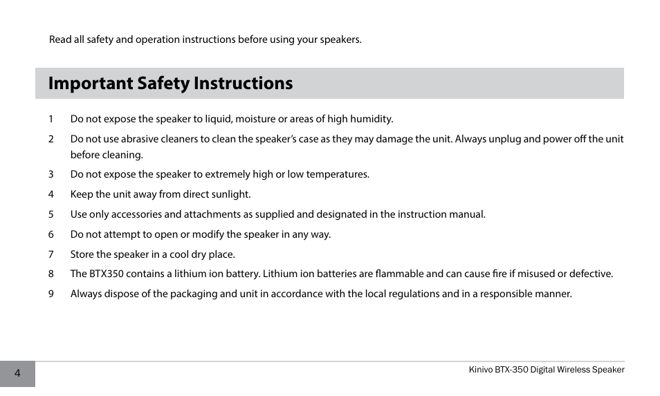 Important safety instructions | Kinivo BTX350 Wireless Bluetooth Speaker User Manual | Page 4 / 18