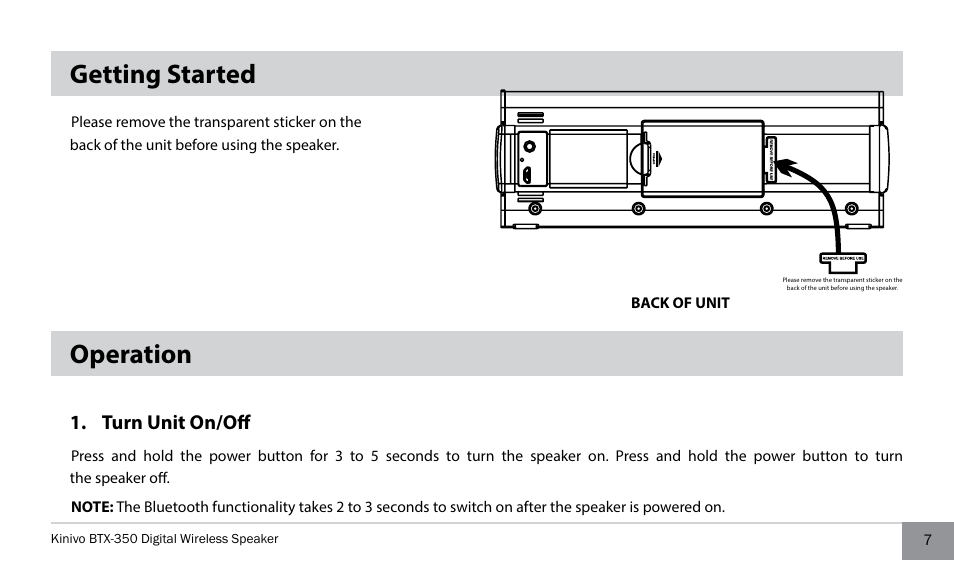Getting started, Operation, Turn unit on/off | Kinivo BTX350 Wireless Bluetooth Speaker User Manual | Page 7 / 18