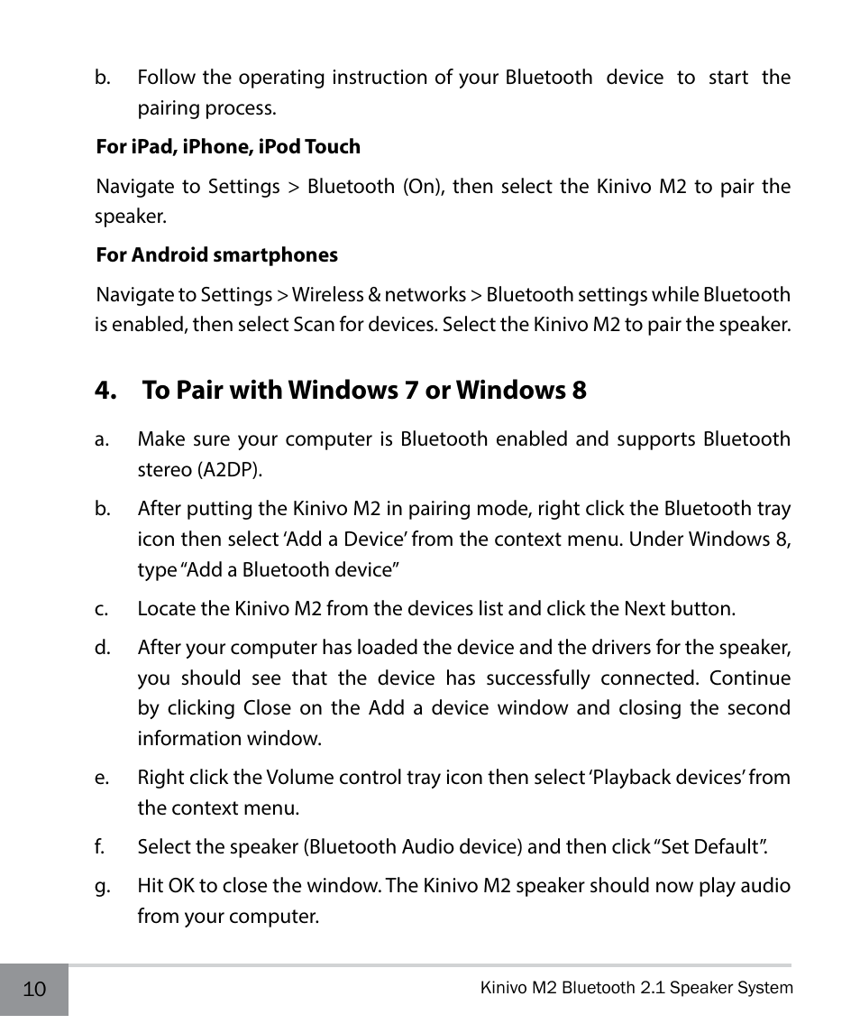 To pair with windows 7 or windows 8 | Kinivo M2 Bluetooth 2.1 Speaker system with NFC pairing User Manual | Page 10 / 20