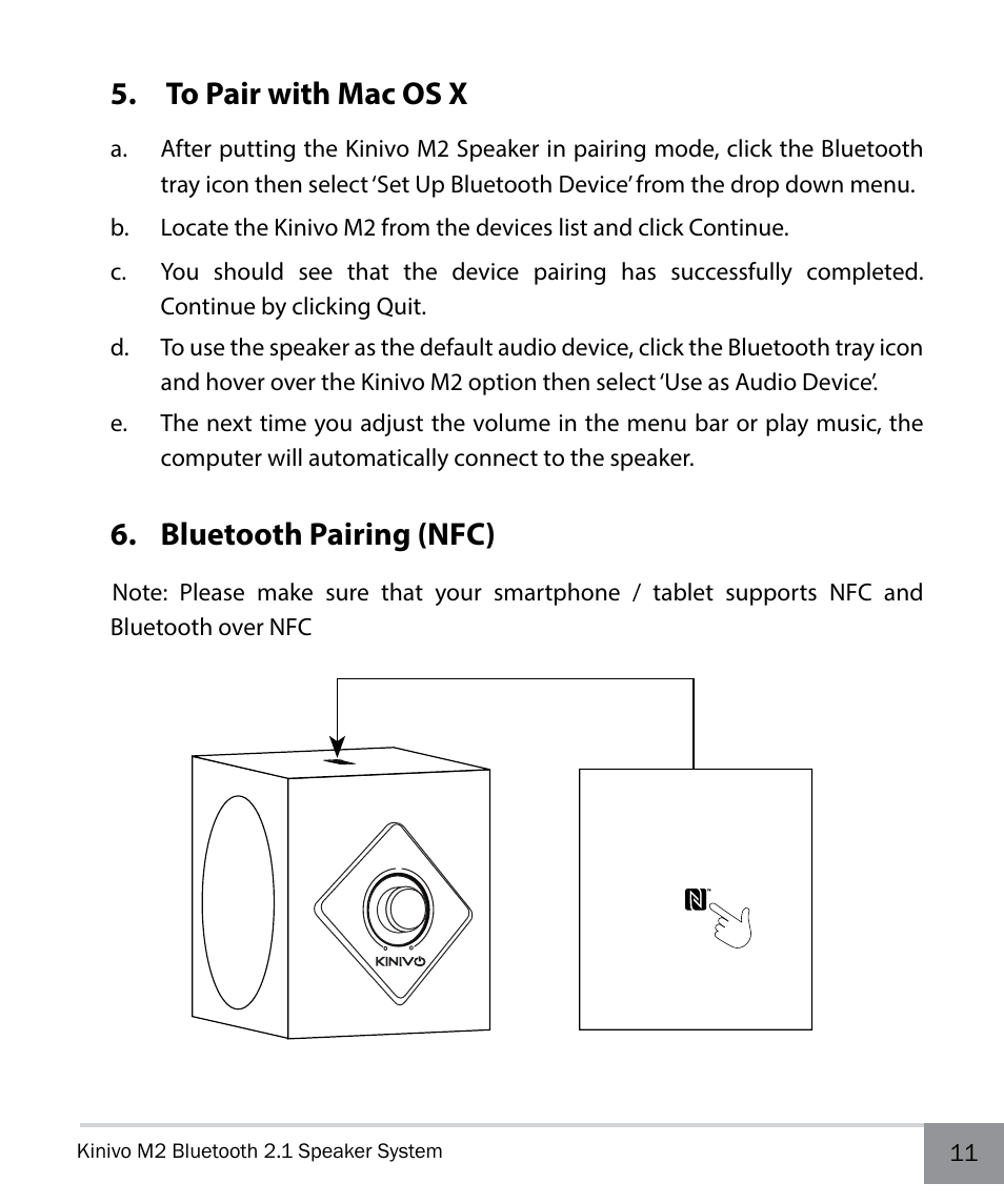 To pair with mac os x, Bluetooth pairing (nfc) | Kinivo M2 Bluetooth 2.1 Speaker system with NFC pairing User Manual | Page 11 / 20