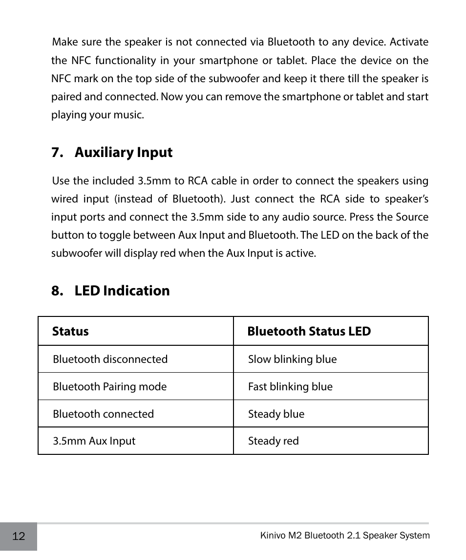 Auxiliary input, Led indication | Kinivo M2 Bluetooth 2.1 Speaker system with NFC pairing User Manual | Page 12 / 20