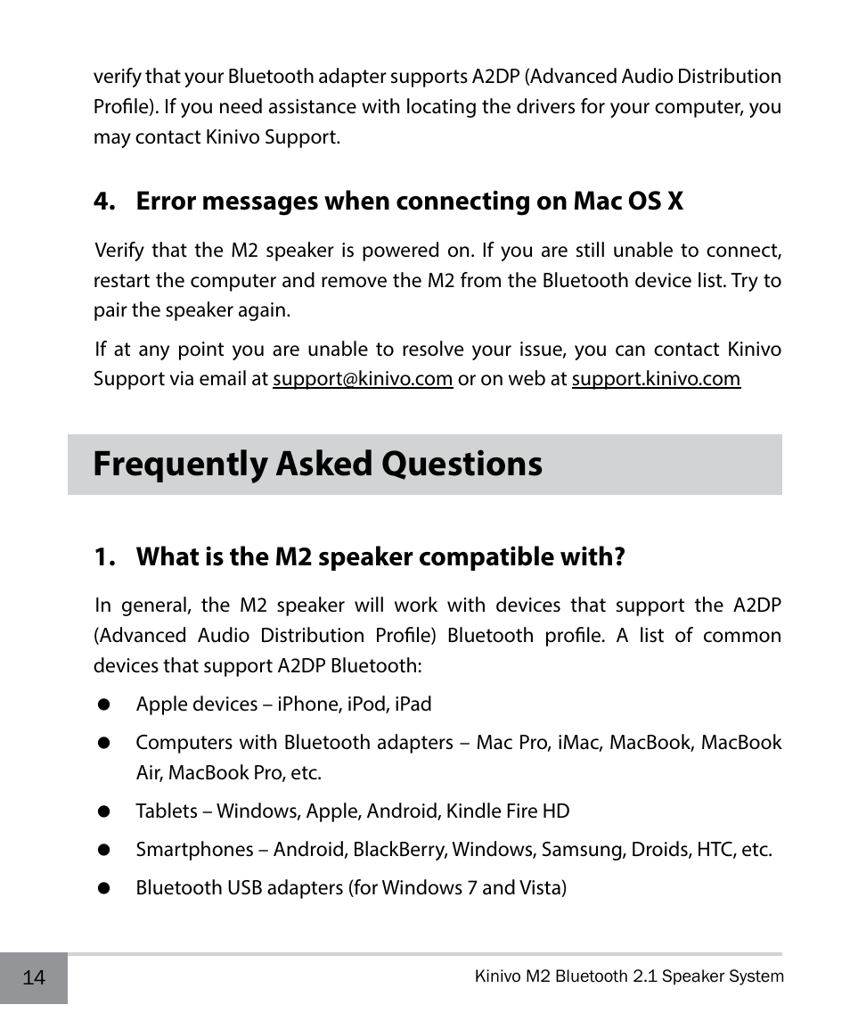 Error messages when connecting on mac os x, Frequently asked questions, What is the m2 speaker compatible with | Kinivo M2 Bluetooth 2.1 Speaker system with NFC pairing User Manual | Page 14 / 20