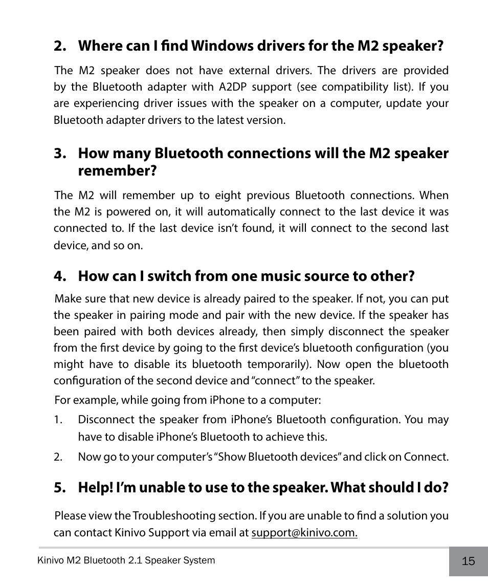 How can i switch from one music source to other | Kinivo M2 Bluetooth 2.1 Speaker system with NFC pairing User Manual | Page 15 / 20