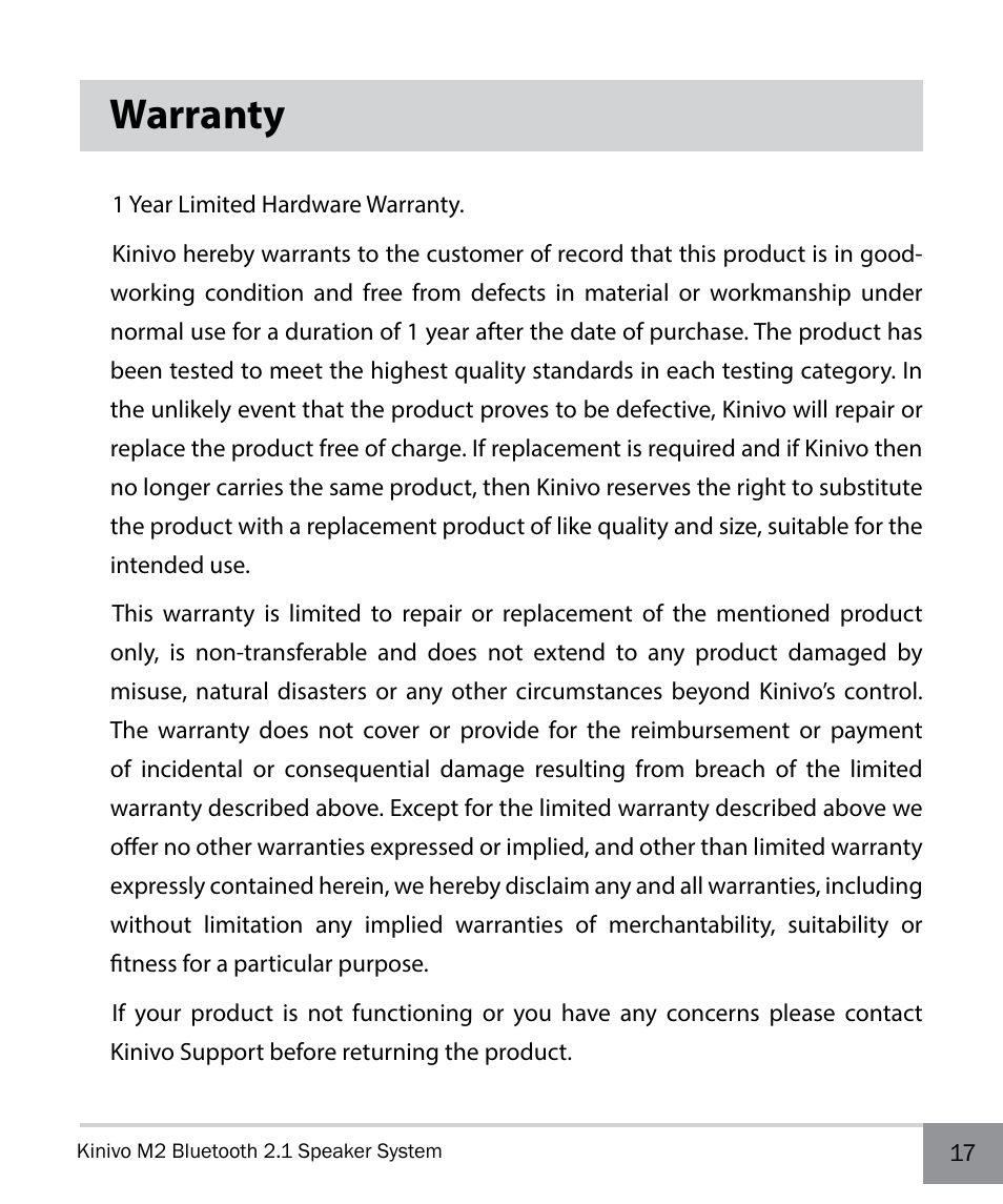 Warranty | Kinivo M2 Bluetooth 2.1 Speaker system with NFC pairing User Manual | Page 17 / 20