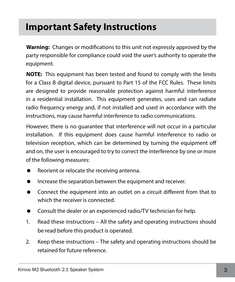 Important safety instructions | Kinivo M2 Bluetooth 2.1 Speaker system with NFC pairing User Manual | Page 3 / 20
