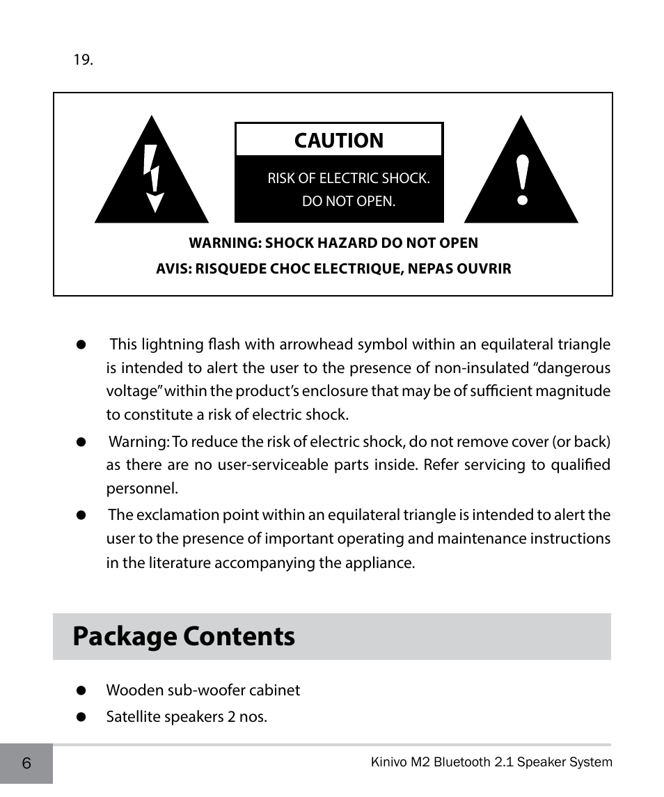 Package contents, Caution | Kinivo M2 Bluetooth 2.1 Speaker system with NFC pairing User Manual | Page 6 / 20