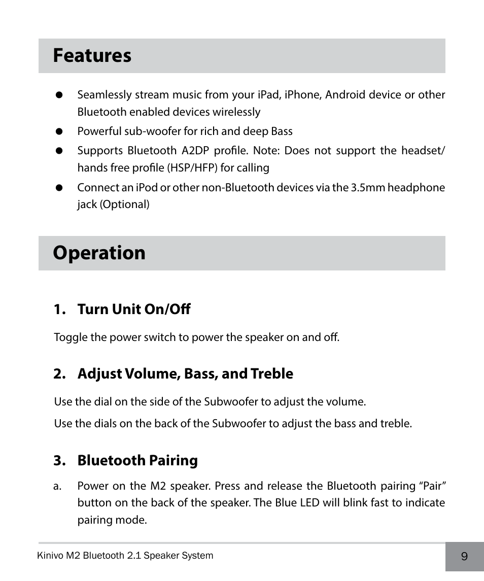 Features, Operation, Turn unit on/off | Adjust volume, bass, and treble, Bluetooth pairing | Kinivo M2 Bluetooth 2.1 Speaker system with NFC pairing User Manual | Page 9 / 20