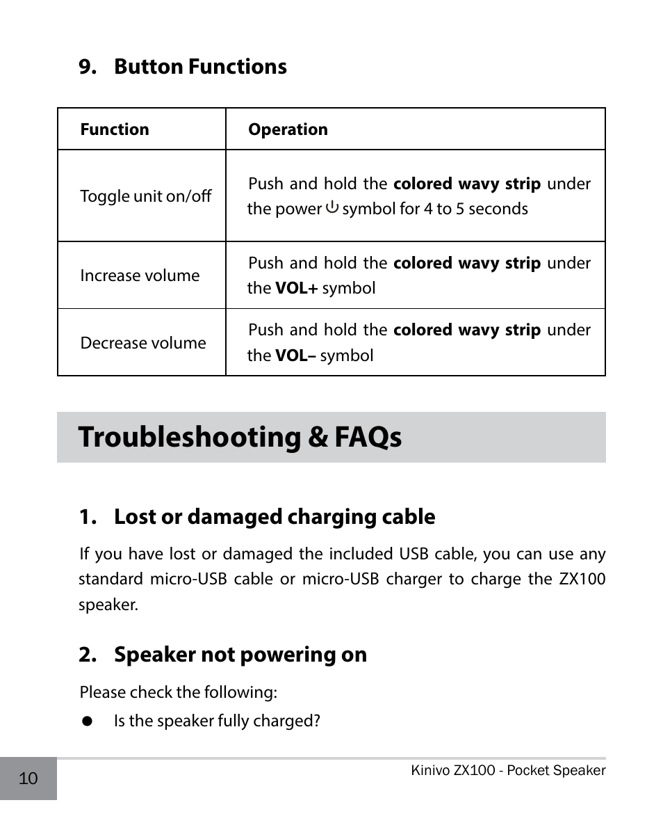 Button functions, Troubleshooting & faqs, Lost or damaged charging cable | Speaker not powering on | Kinivo ZX100 Mini Portable Speaker EN User Manual | Page 10 / 14