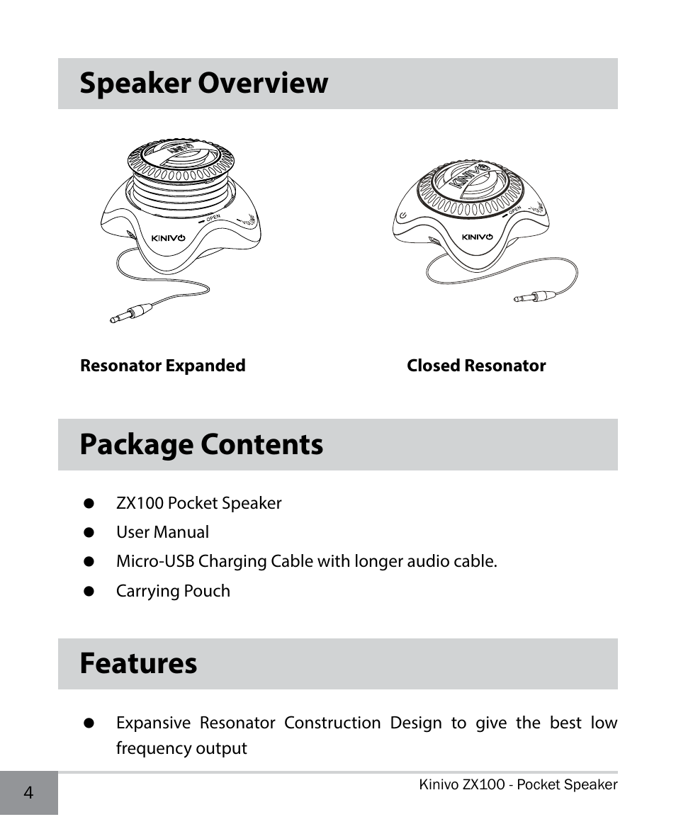 Speaker overview, Package contents, Features | Speaker overview package contents | Kinivo ZX100 Mini Portable Speaker EN User Manual | Page 4 / 14