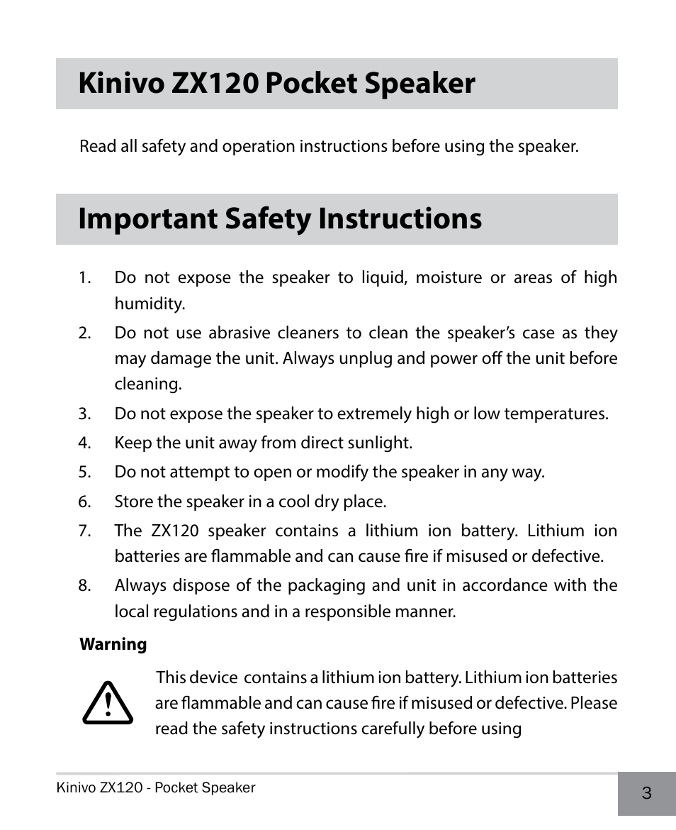 Kinivo zx100 pocket speaker, Important safety instructions, Kinivo zx120 pocket speaker | Kinivo ZX120 Mini Portable Wired Speaker User Manual | Page 3 / 14