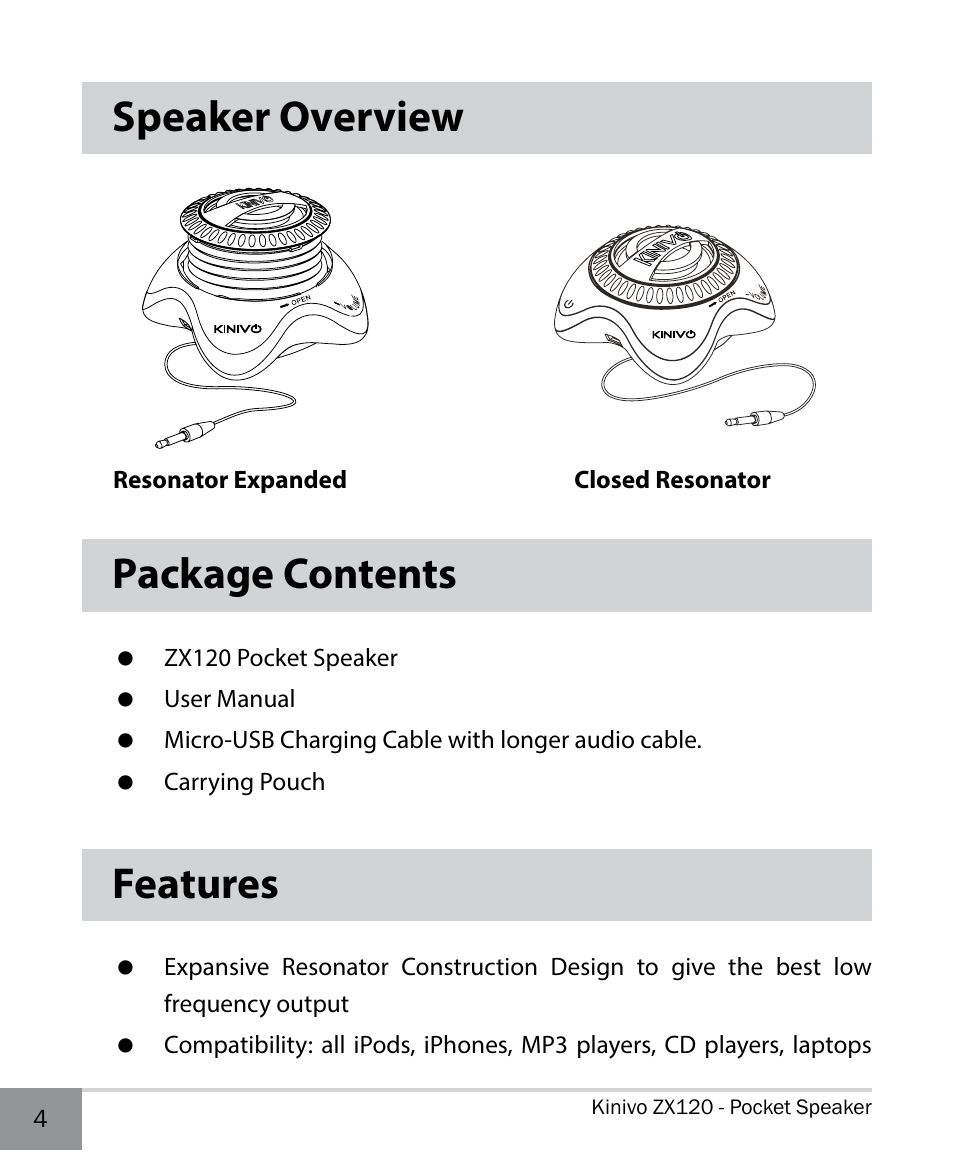 Speaker overview, Package contents, Features | Speaker overview package contents | Kinivo ZX120 Mini Portable Wired Speaker User Manual | Page 4 / 14