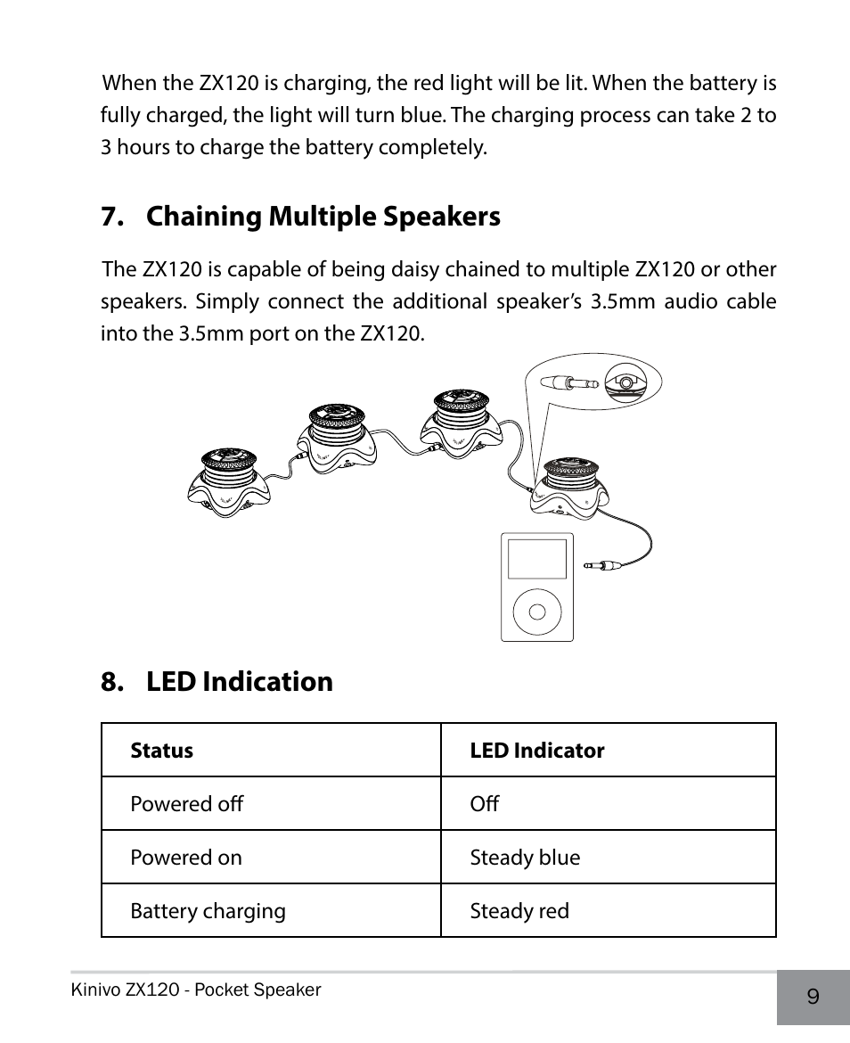 Chaining multiple speakers, Led indication | Kinivo ZX120 Mini Portable Wired Speaker User Manual | Page 9 / 14