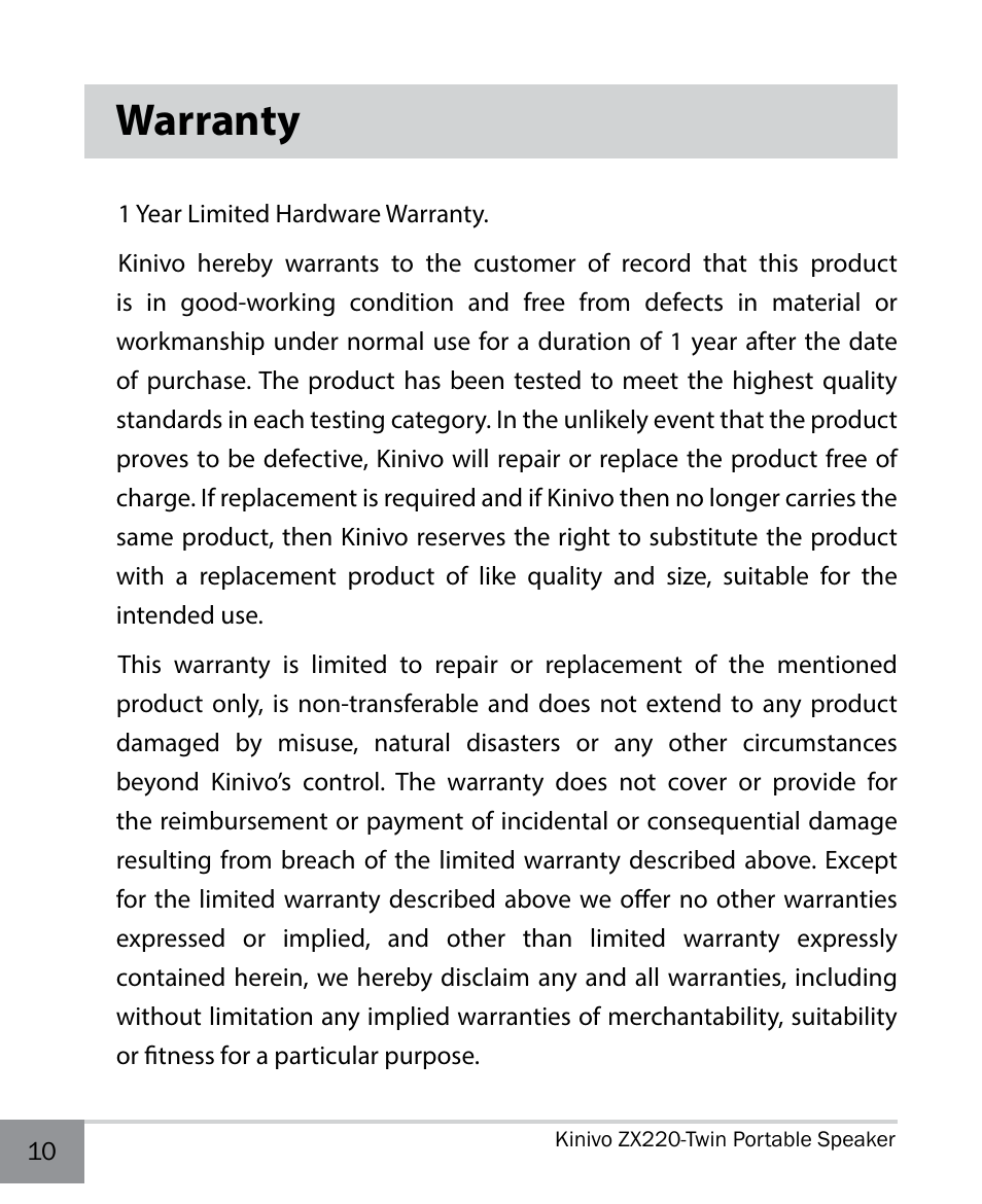 Warranty | Kinivo ZX220 Portable Twin Speakers User Manual | Page 10 / 12