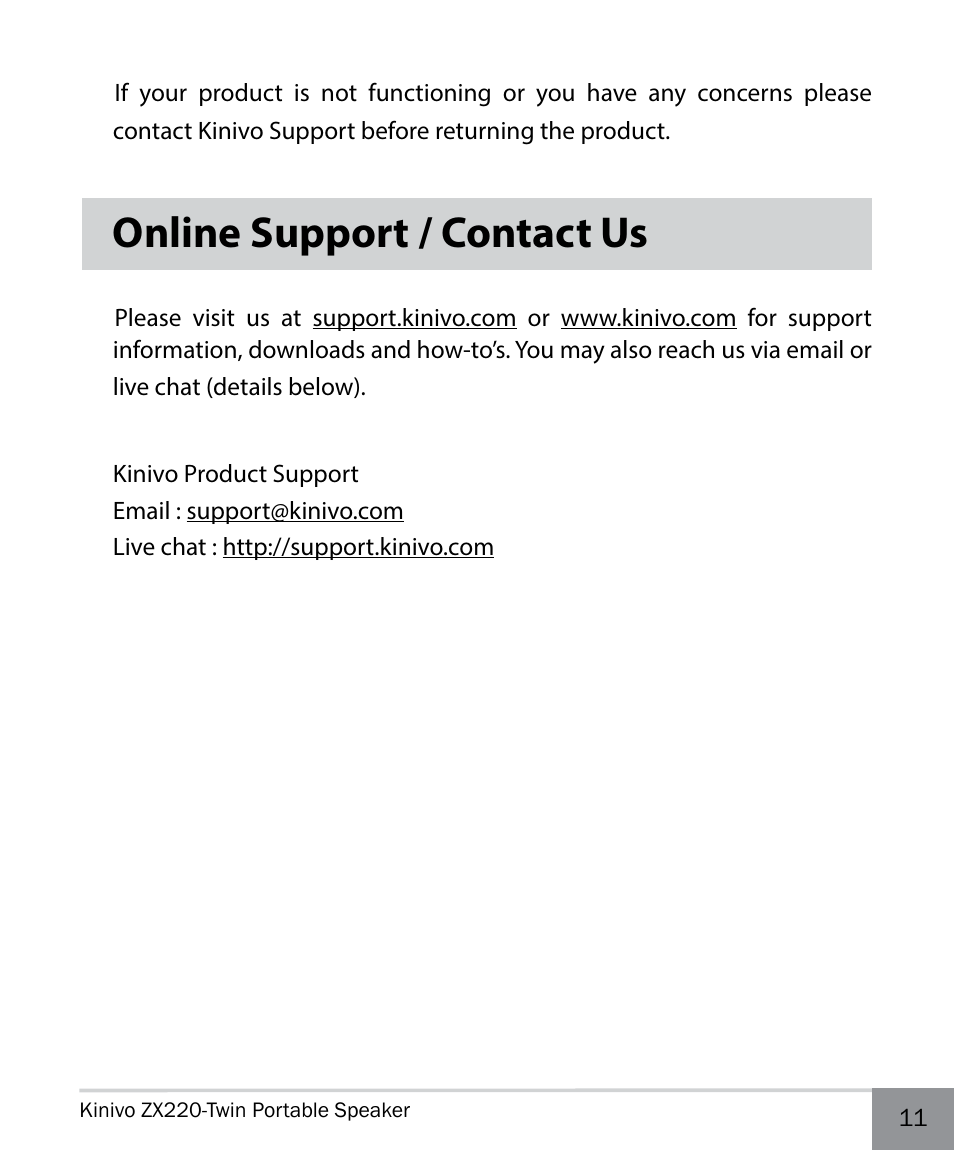 Online support / contact us | Kinivo ZX220 Portable Twin Speakers User Manual | Page 11 / 12