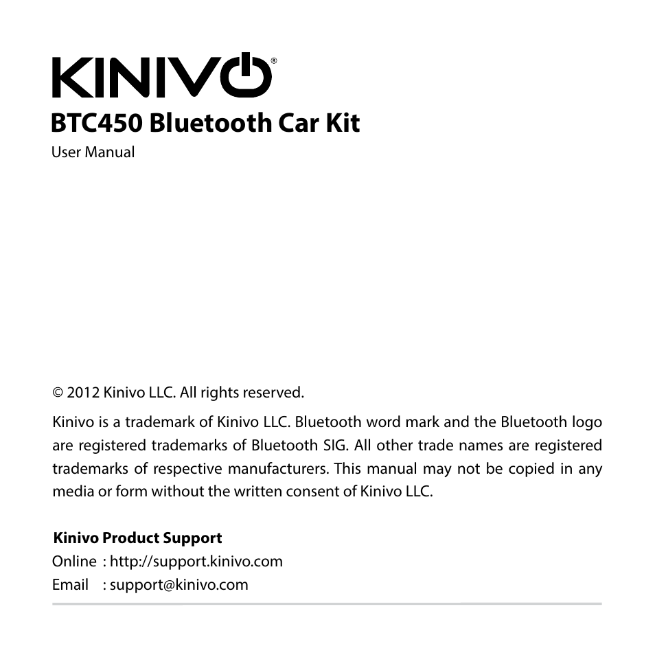 Kinivo BTC450 Bluetooth Hands-Free Car Kit for Cars with Aux Input Jack EN User Manual | 14 pages