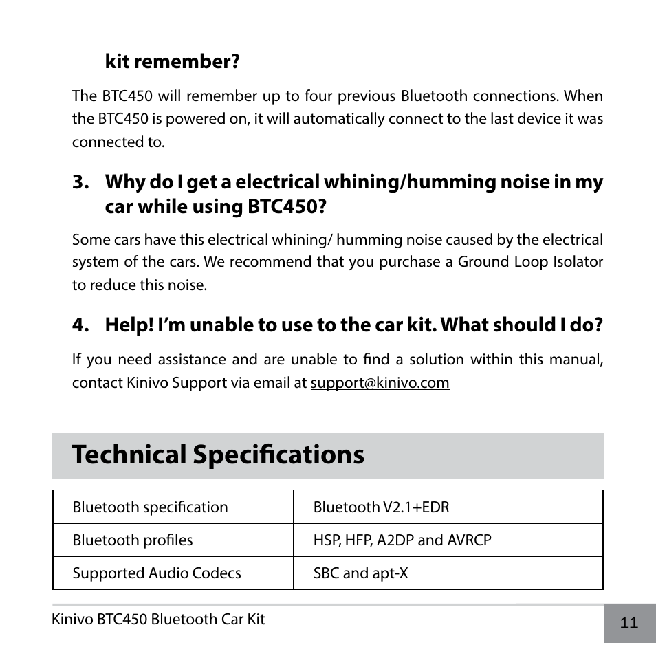 Technical specifications, Kit remember | Kinivo BTC450 Bluetooth Hands-Free Car Kit for Cars with Aux Input Jack EN User Manual | Page 11 / 14