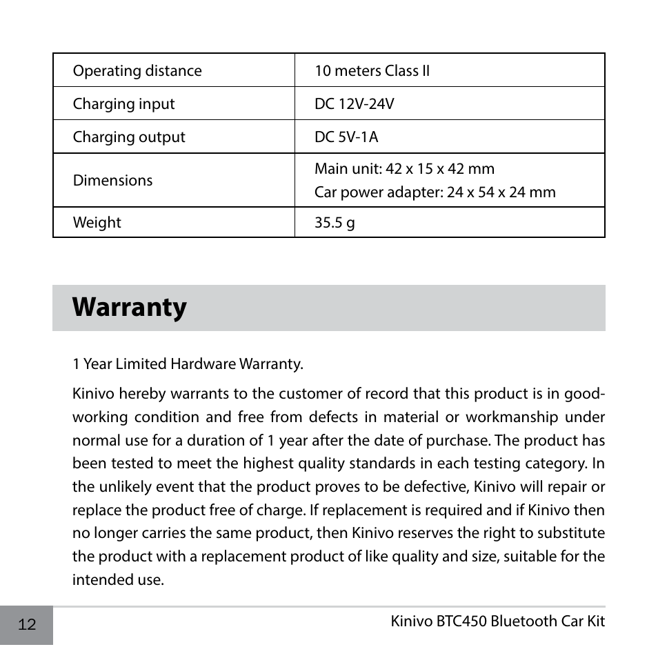 Warranty | Kinivo BTC450 Bluetooth Hands-Free Car Kit for Cars with Aux Input Jack EN User Manual | Page 12 / 14