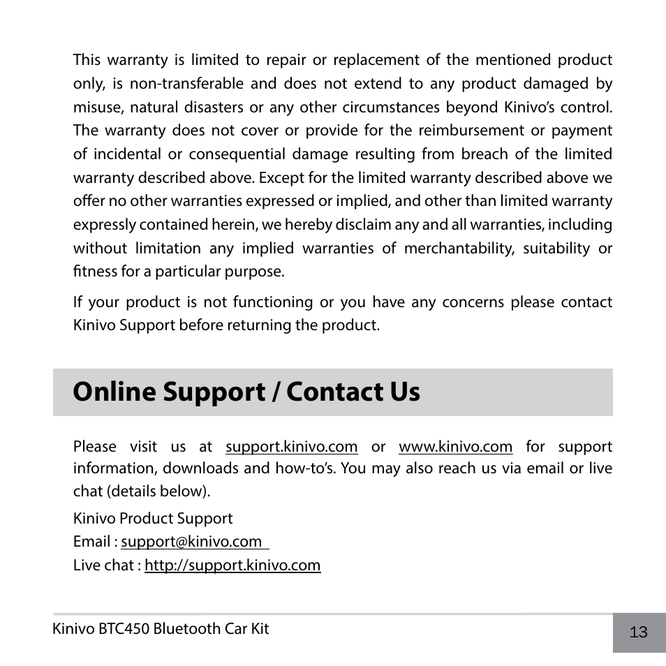 Online support / contact us | Kinivo BTC450 Bluetooth Hands-Free Car Kit for Cars with Aux Input Jack EN User Manual | Page 13 / 14