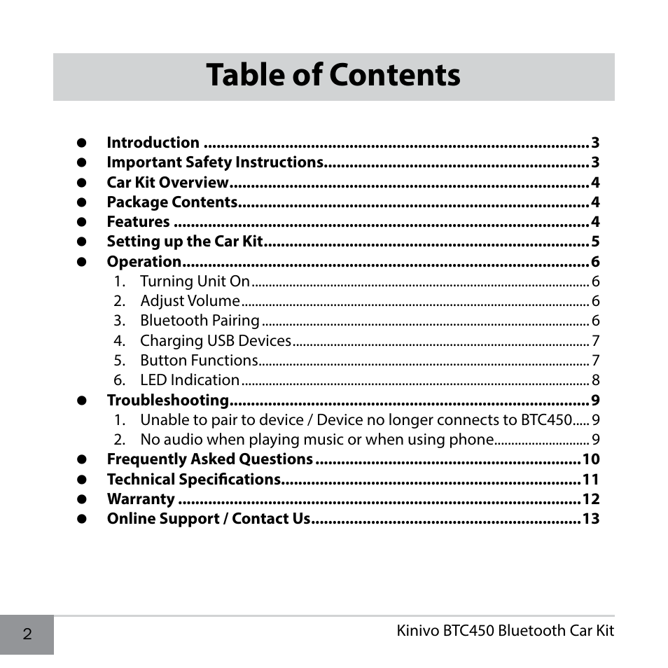 Kinivo BTC450 Bluetooth Hands-Free Car Kit for Cars with Aux Input Jack EN User Manual | Page 2 / 14