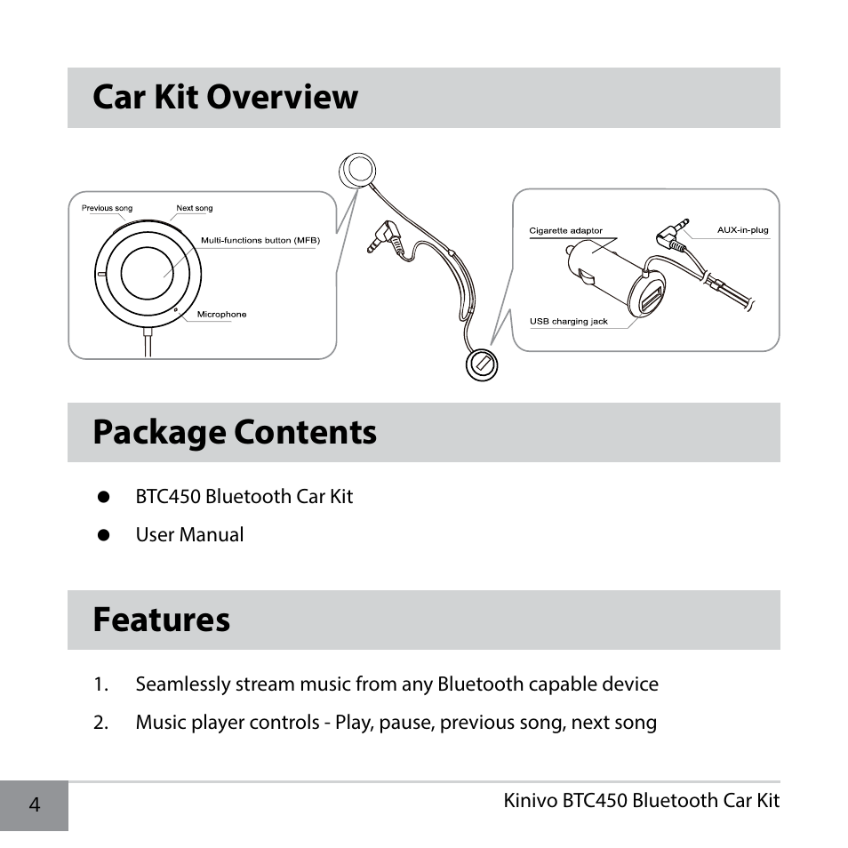 Car kit overview, Package contents, Features | Car kit overview package contents | Kinivo BTC450 Bluetooth Hands-Free Car Kit for Cars with Aux Input Jack EN User Manual | Page 4 / 14