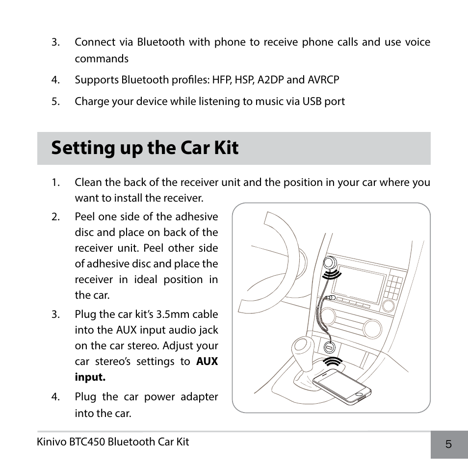 Setting up the car kit | Kinivo BTC450 Bluetooth Hands-Free Car Kit for Cars with Aux Input Jack EN User Manual | Page 5 / 14