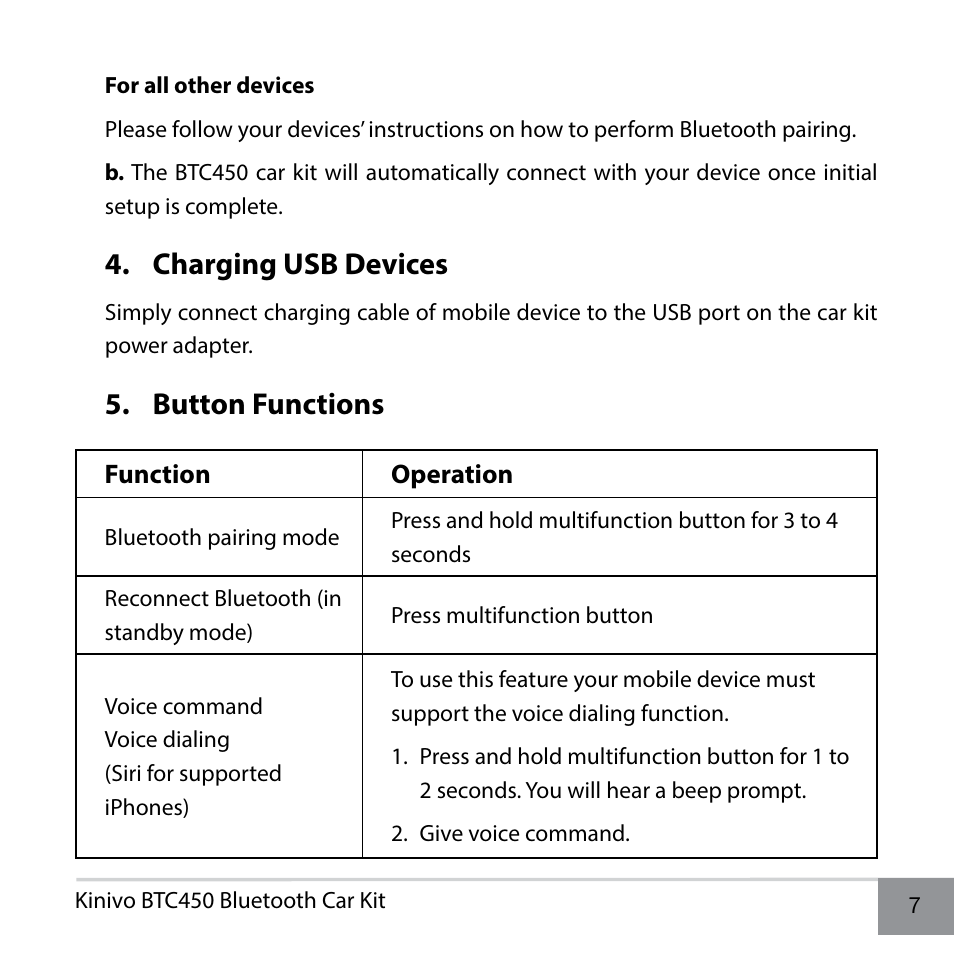 Charging usb devices, Button functions | Kinivo BTC450 Bluetooth Hands-Free Car Kit for Cars with Aux Input Jack EN User Manual | Page 7 / 14