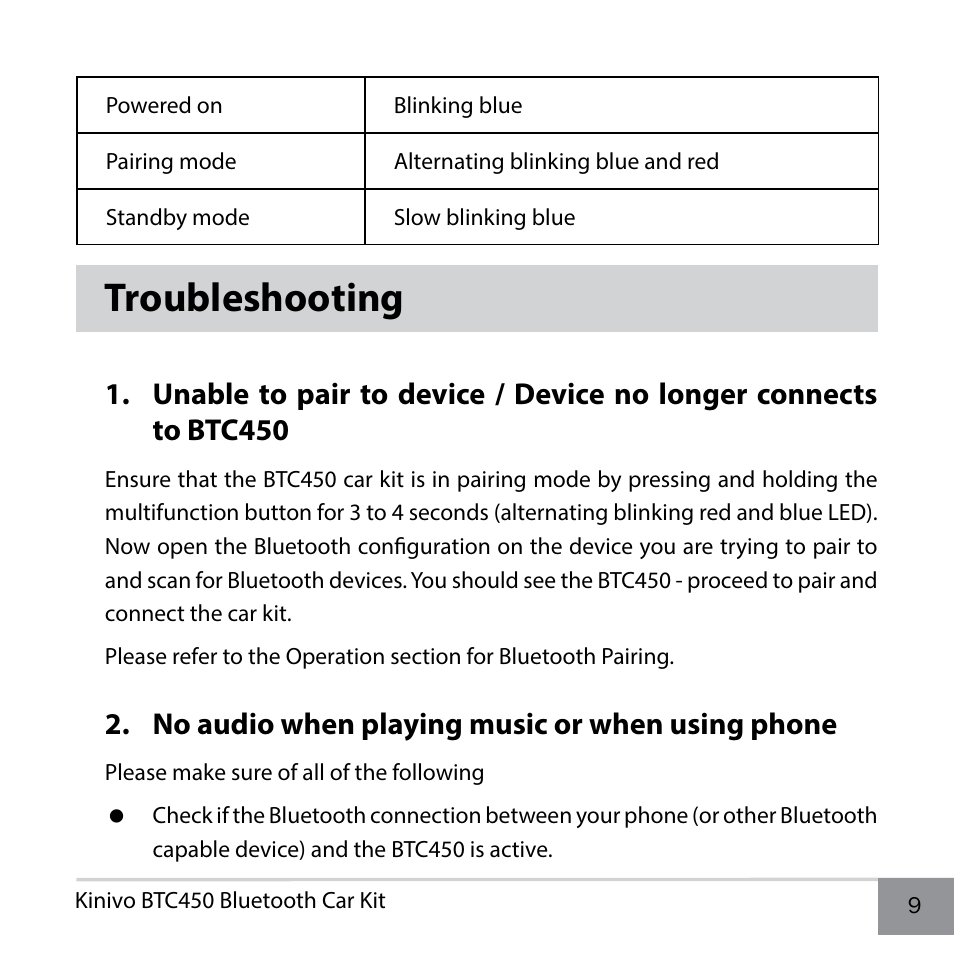 Troubleshooting, No audio when playing music or when using phone | Kinivo BTC450 Bluetooth Hands-Free Car Kit for Cars with Aux Input Jack EN User Manual | Page 9 / 14