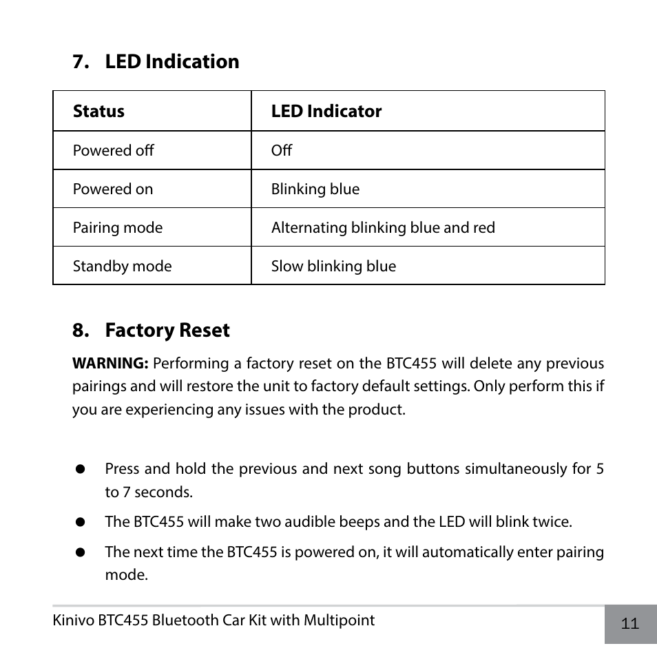 Led indication, Factory reset, Led indication 8. factory reset | Kinivo BTC455 Bluetooth Hands-Free Car Kit for Cars with Aux Input Jack User Manual | Page 11 / 18