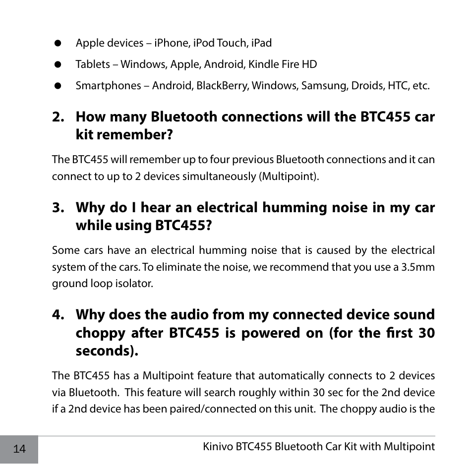 Kinivo BTC455 Bluetooth Hands-Free Car Kit for Cars with Aux Input Jack User Manual | Page 14 / 18