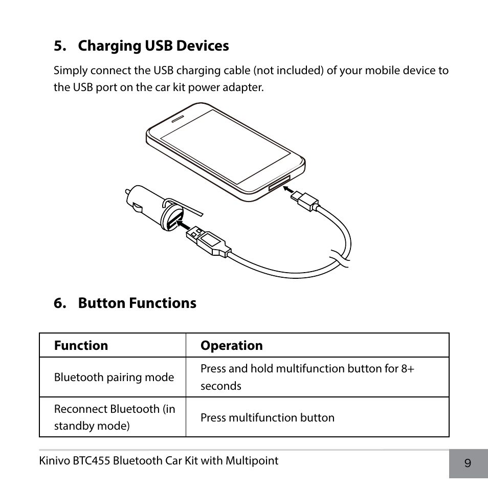 Charging usb devices, Button functions | Kinivo BTC455 Bluetooth Hands-Free Car Kit for Cars with Aux Input Jack User Manual | Page 9 / 18